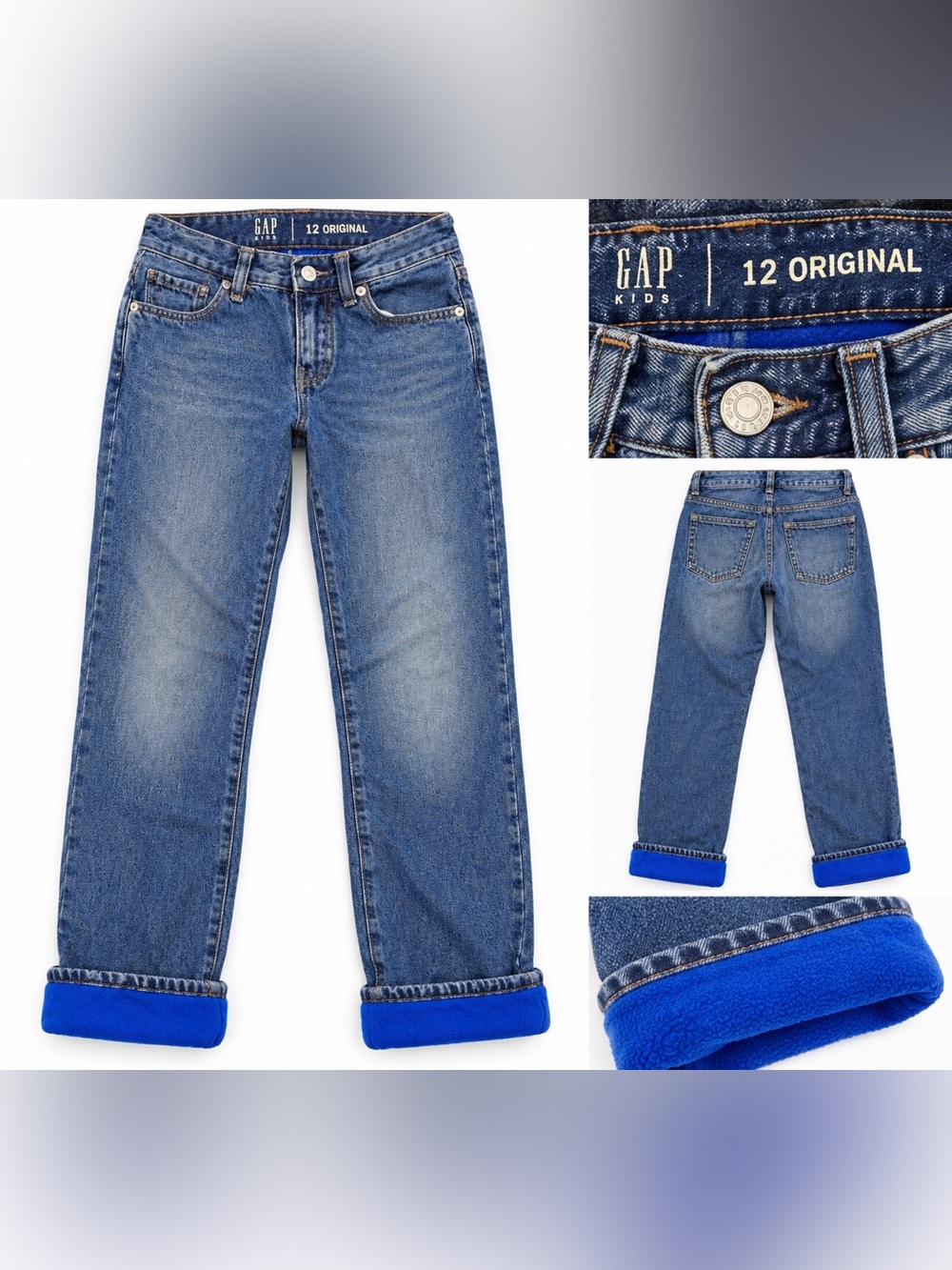 GAP Kids Relaxed Blue Denim Jeans with Bright Blue Fleece Lining